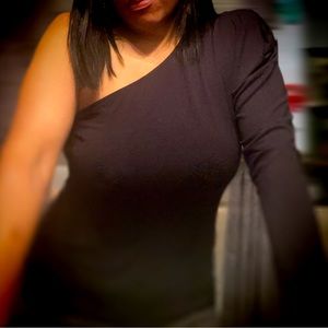 Sexy One Shoulder Poof, Long Sleeve Rib Knit T-Shirts Large